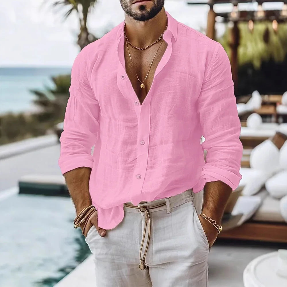 Cotton Linen Shirt for Men Lightweight Button Top