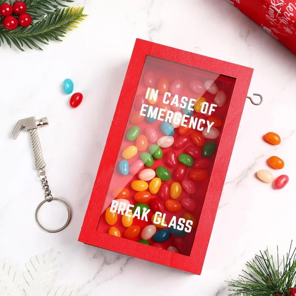 Break In Case Emergency Gift Box Red Wooden Material Gag Gift with Hammer