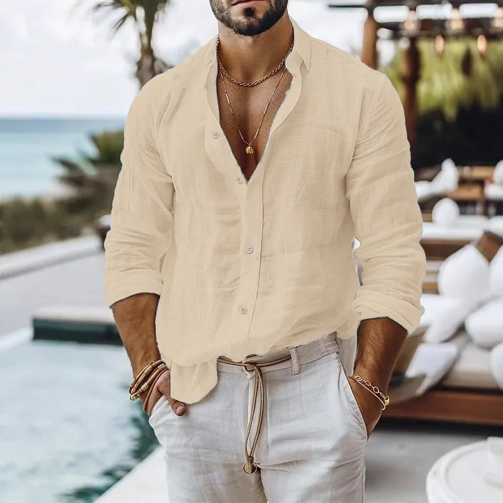 Cotton Linen Shirt for Men Lightweight Button Top