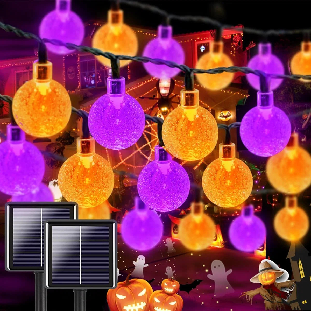 1pc 12m 100 LED Purple&Orange Bubble Ball Solar String Lights With 8 Modes