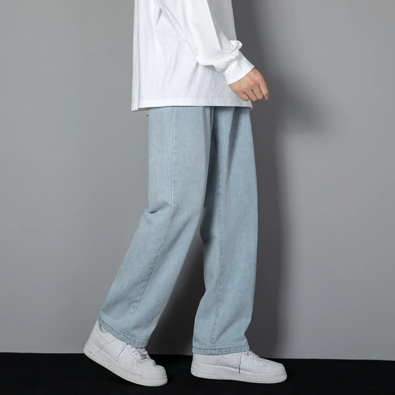 Jeans Classic Man Straight Denim Wide-leg Pants Solid Color Light Blue Grey Black