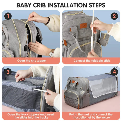 3 In 1 Diaper Bag Backpack Foldable Baby Bed Waterproof Travel Bag with USB Charge