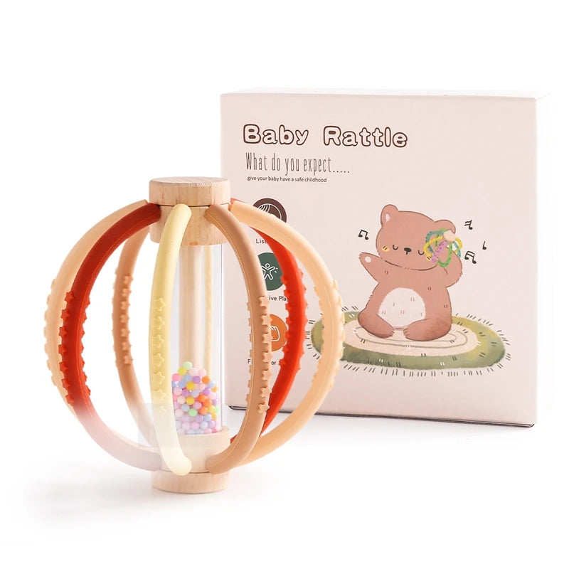 Baby Rattle Toy Wooden With Silicone Baby Sensory