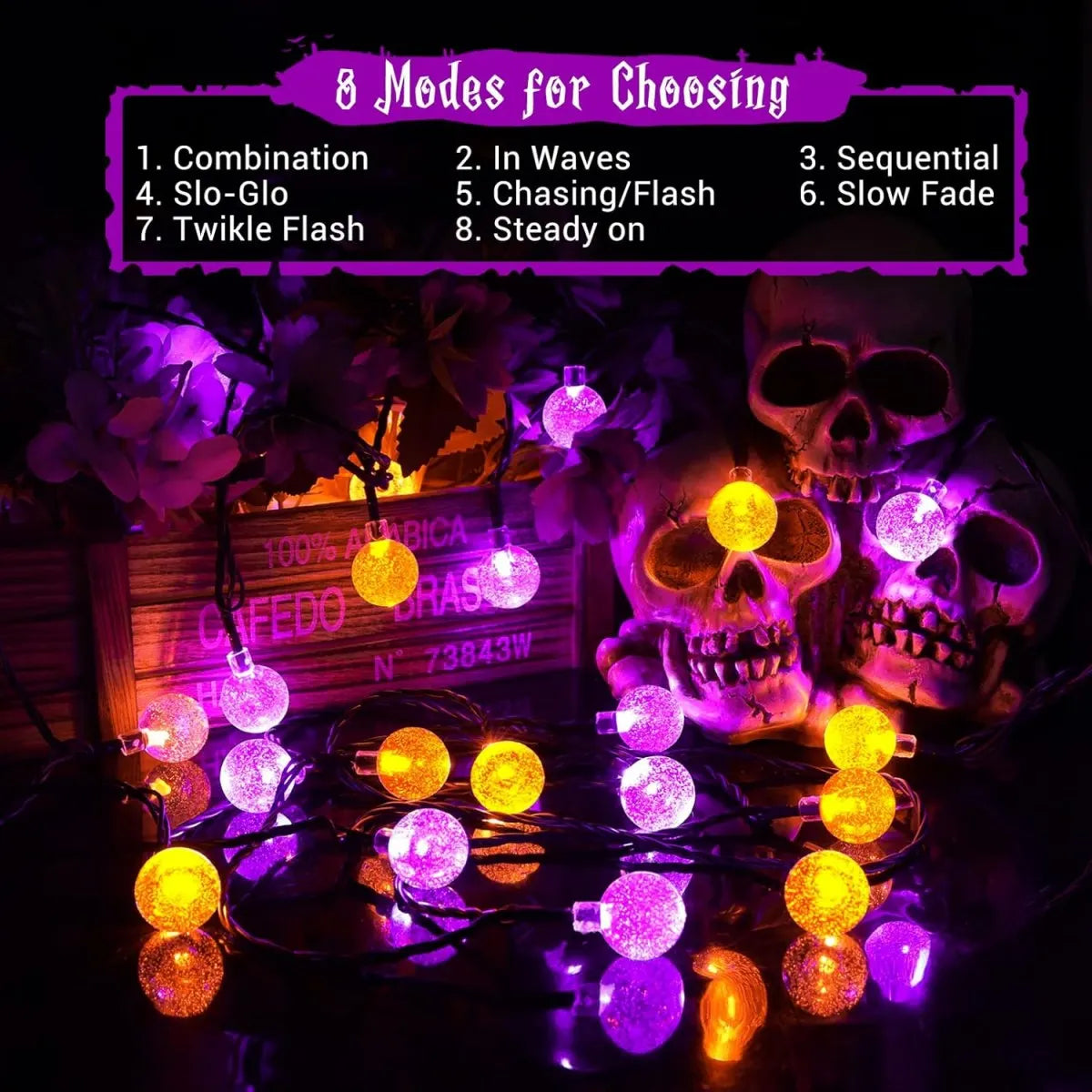 1pc 12m 100 LED Purple&Orange Bubble Ball Solar String Lights With 8 Modes