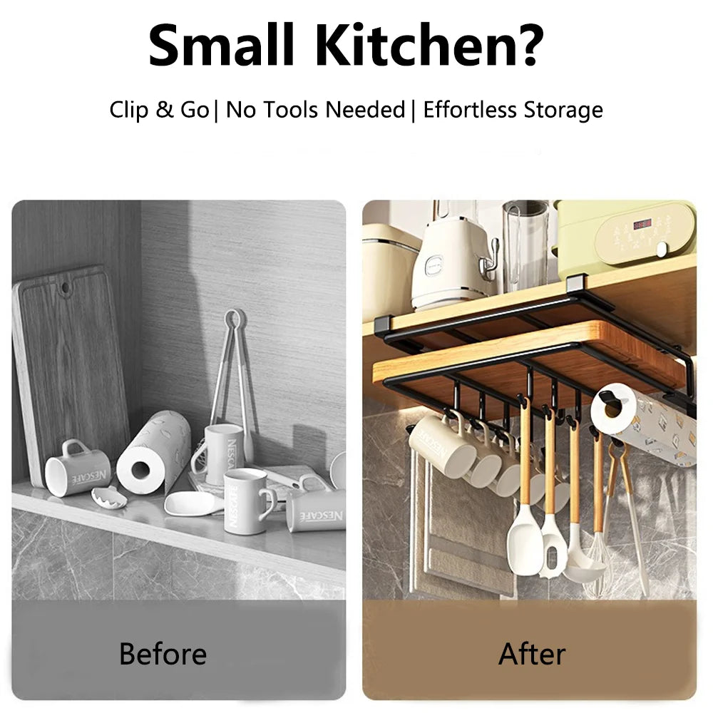 Kitchen Hanging Organizer Rack with Hooks Under Cupboard