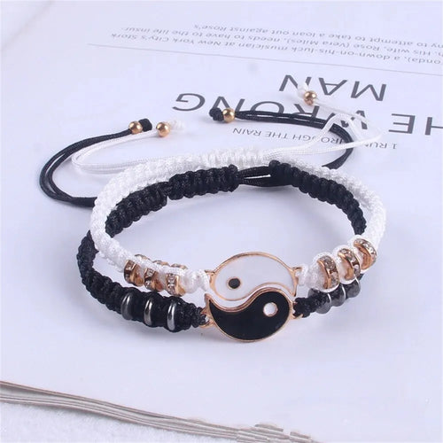 2 PC Jewelry Set Couple Black White Tai Chi Bracelet