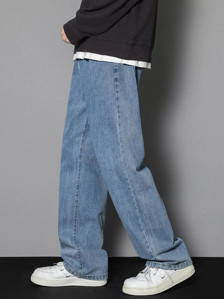 Jeans Classic Man Straight Denim Wide-leg Pants Solid Color Light Blue Grey Black