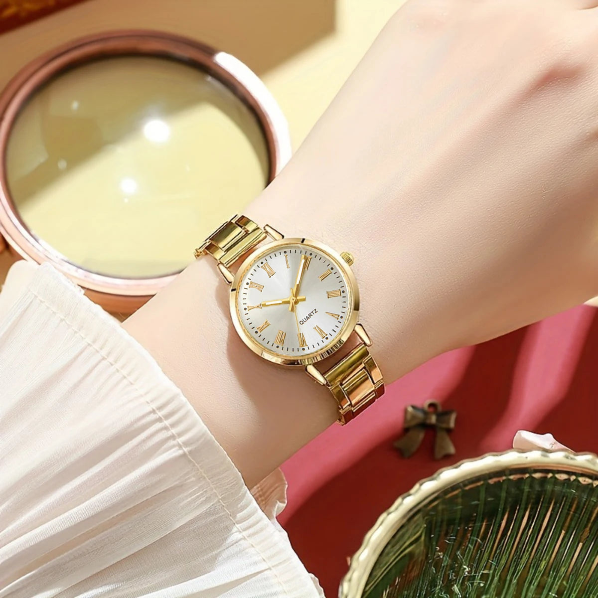 6PCS Women Watch Jewelry Set - Fashion Quartz Watch + Crystal Infinity Bracelet Necklace Earring Ring for Ladies（Without Box)