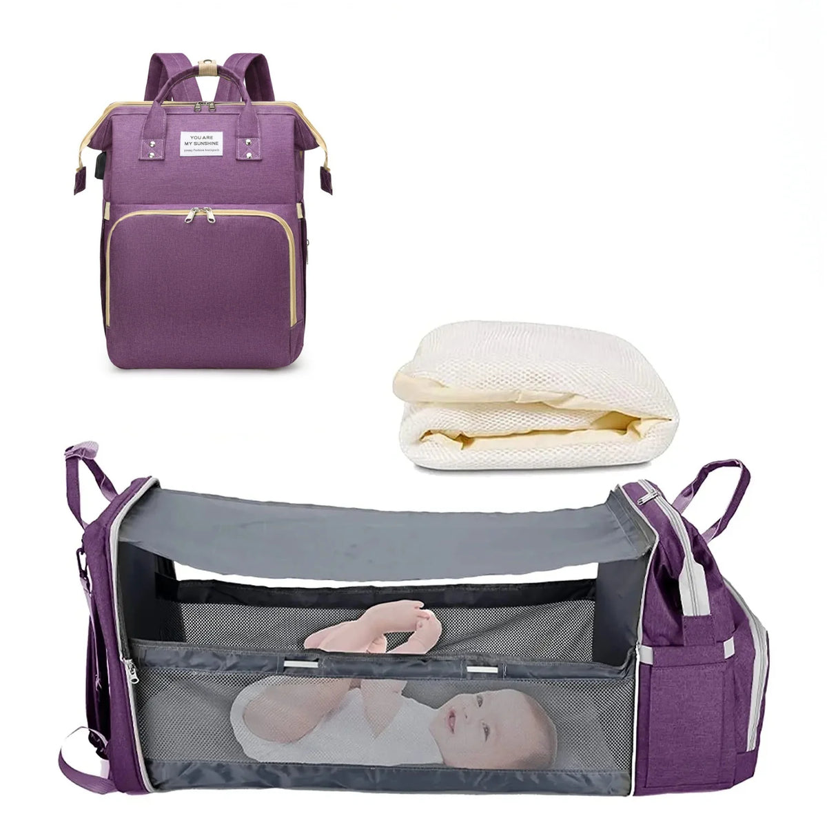 3 In 1 Diaper Bag Backpack Foldable Baby Bed Waterproof Travel Bag with USB Charge