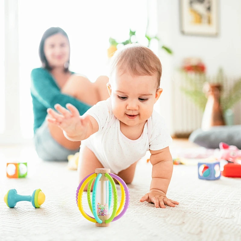 Baby Rattle Toy Wooden With Silicone Baby Sensory