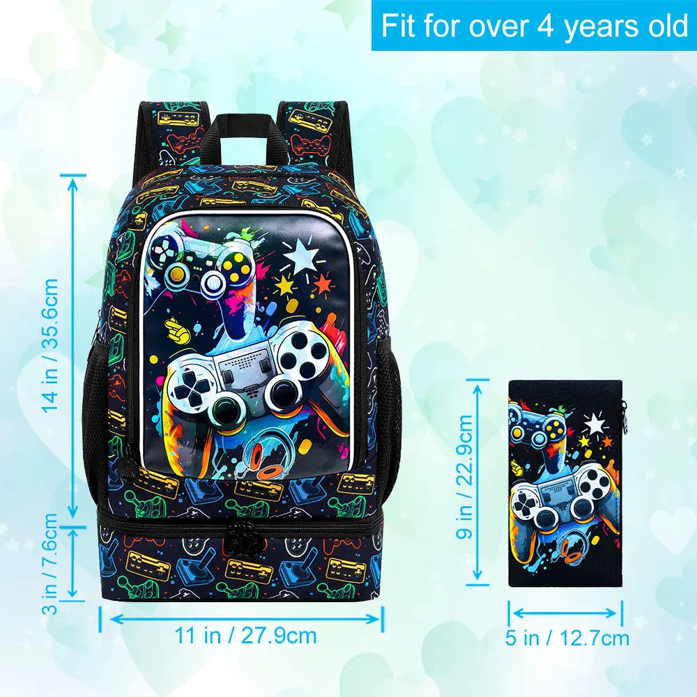 Bookbag for Kids Boys,Game Backpack Set with Bottom Lunch Compartment, School Bag for Elementary Preschool Toddler